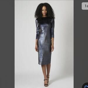 Topshop Blue Glitter Velvet 3/4 Sleeve Midi‎ Bodycon  Party Dress Size 6